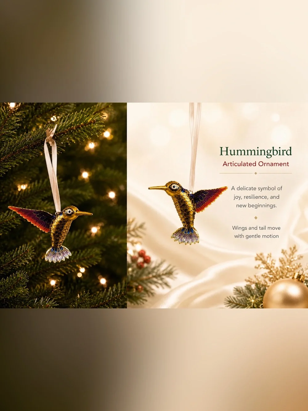 Hummingbird Ornament - Gold Multicolor Hanging Accent Cloisnne articulated